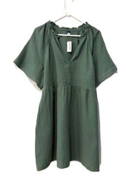 Old Navy Olive Green Split-Neck Crinkle Gauze Mini Swing Dress